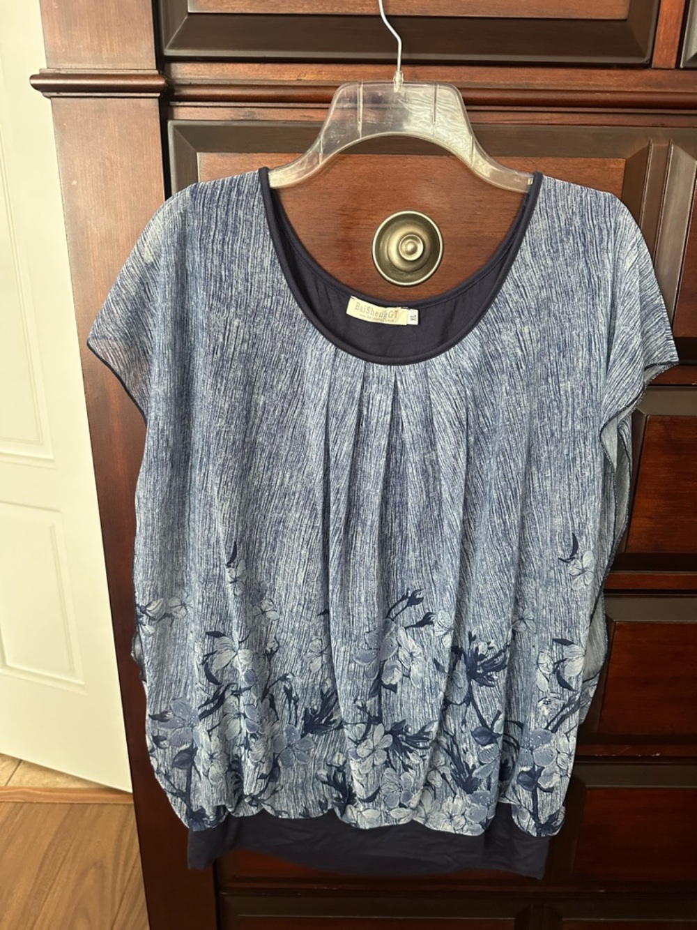 BaiSheng Womens XL Navy Blue floral Chiffon Overlay Flowy Blouse Elegant Casual